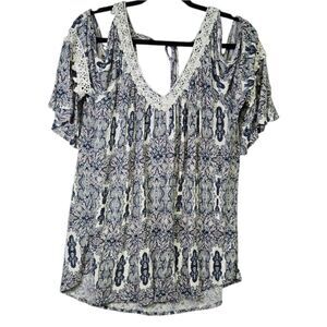 G Collection Navy Paisley Cold Shoulder Blouse Lace Trim Bell Sleeve V-Neck 2X